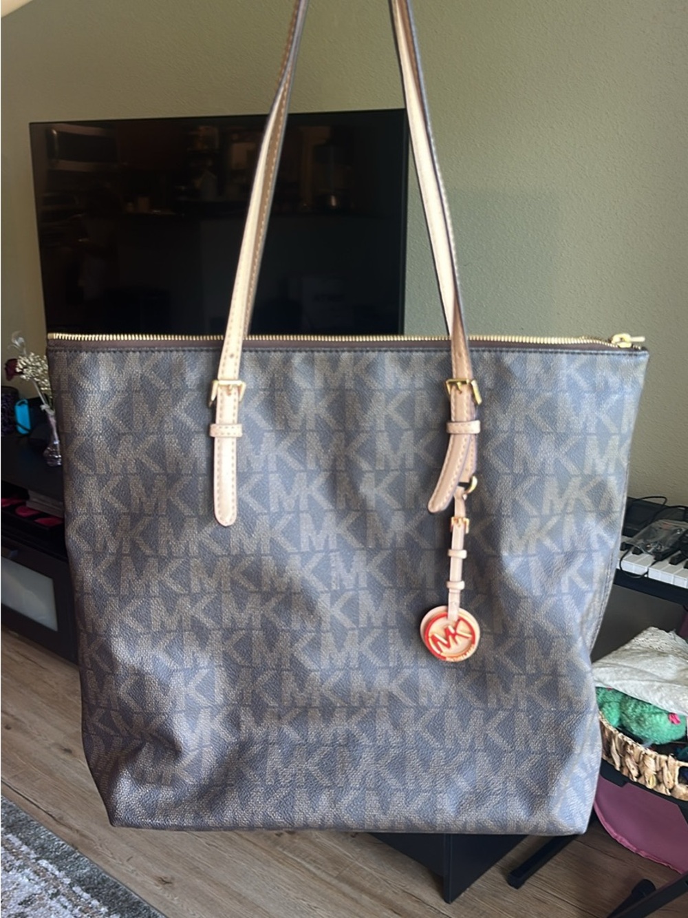 Michael Kors Brown Logo Tote with Tan Straps and Gold Accents